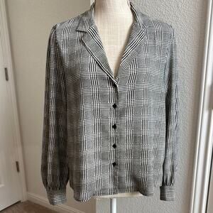Topshop Black White Houndstooth Plaid Button-Up Blouse Shirt Workwear Office -10
